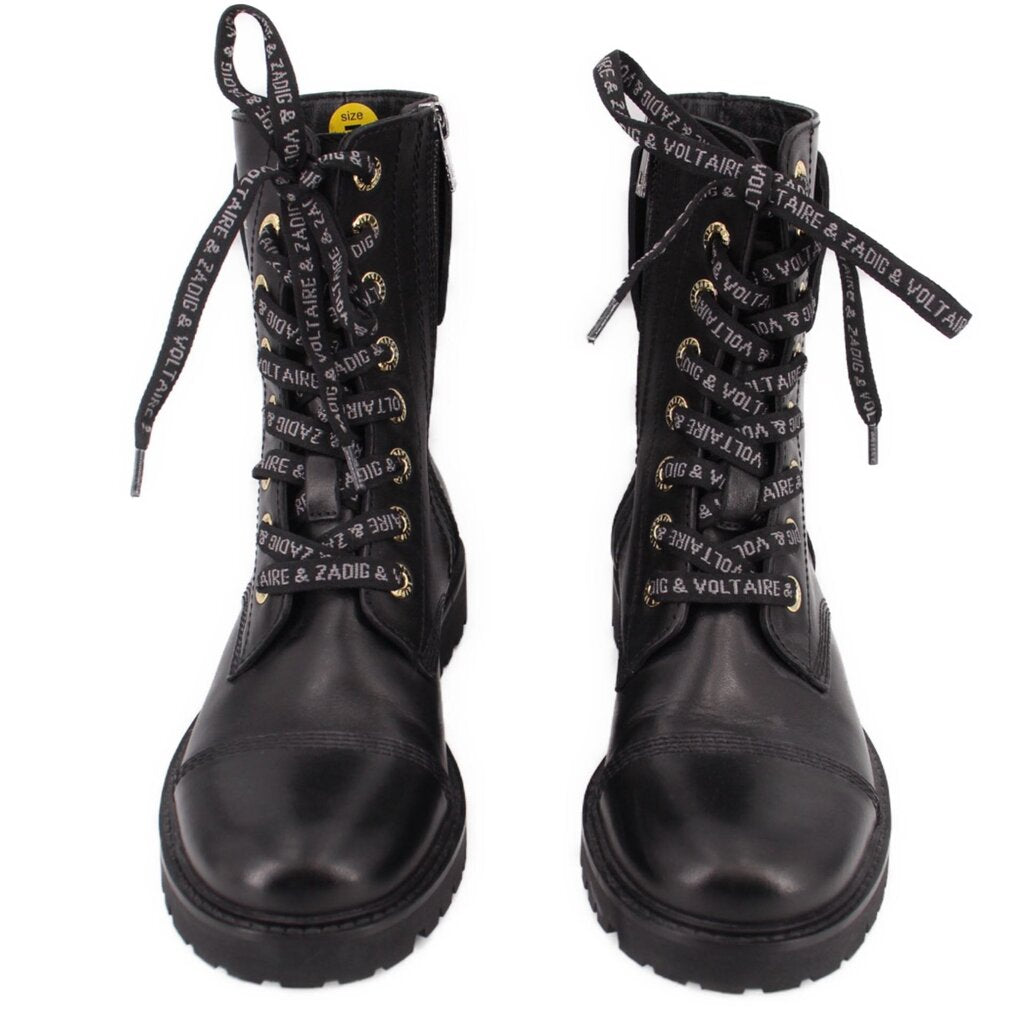 Pair of black lace-up zip boots with logo-print collar and drawcord pull