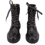 Pair of black lace-up zip boots with logo-print collar and drawcord pull