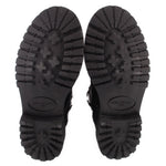 Black boot soles with deep tread and oval logo embossing