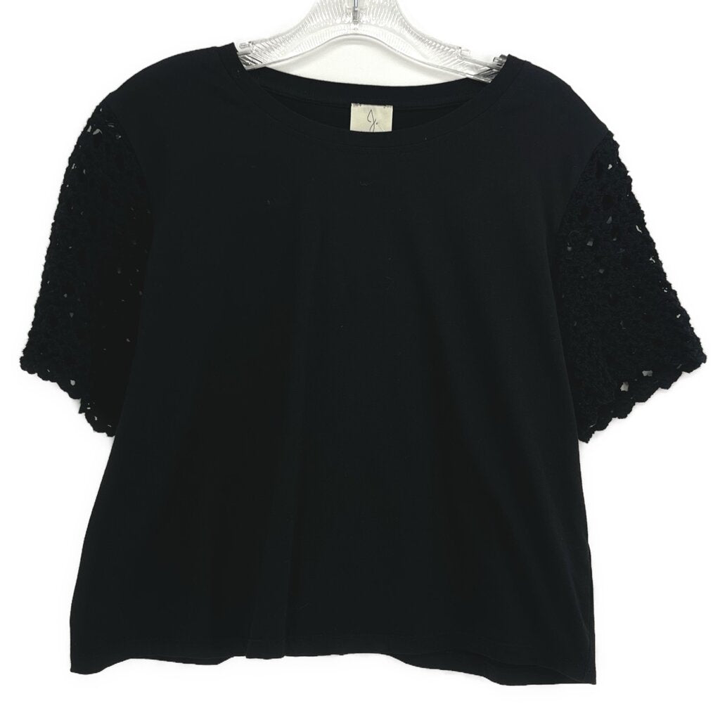 Black crochet short-sleeve top with lace sleeves
