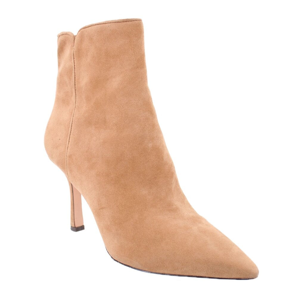 Camel suede ankle booties with slim heel, pointed toe, side zipper.