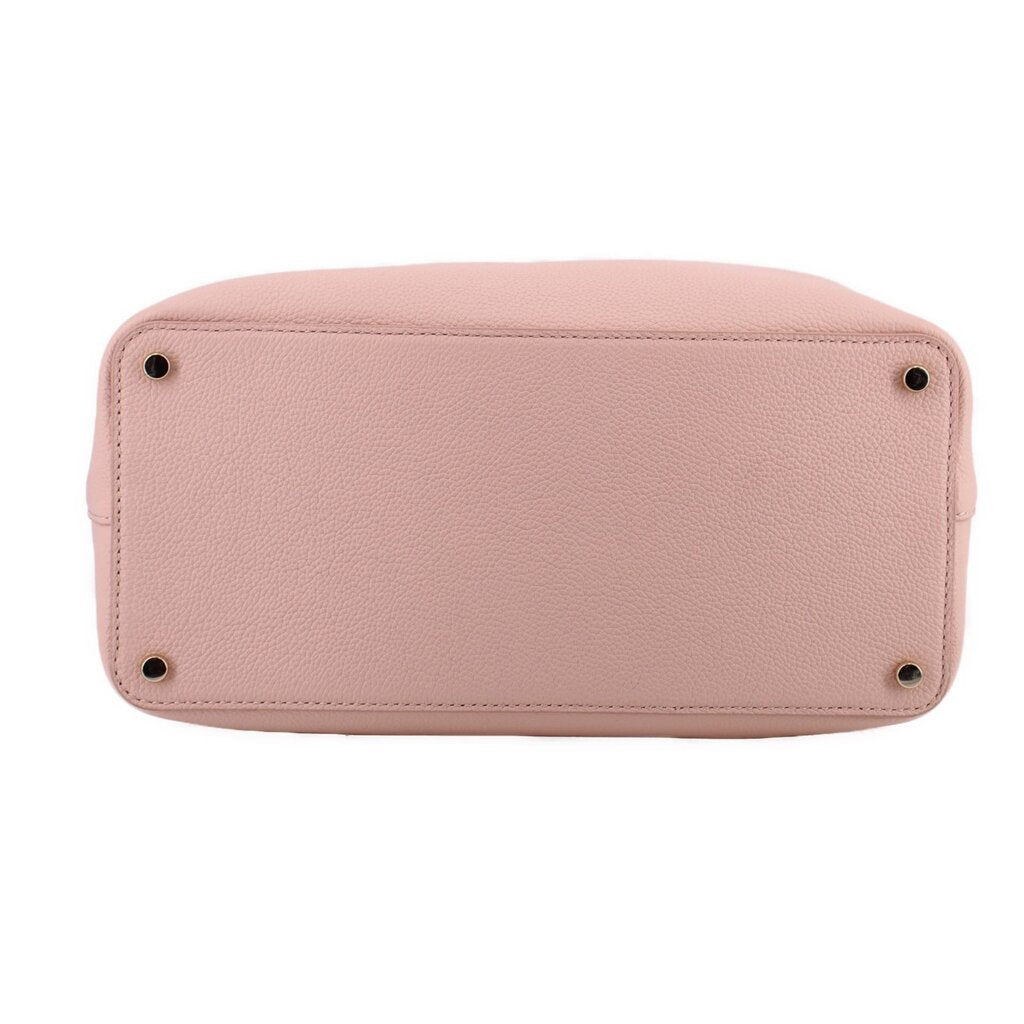 Pink satchel base with four metal feet and smooth pebbled finish