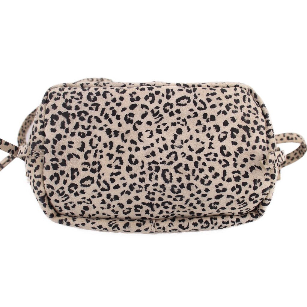 Leopard print mini crossbody bag back view with wide back panel and top zip