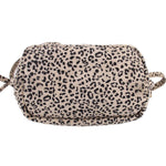 Leopard print mini crossbody bag back view with wide back panel and top zip