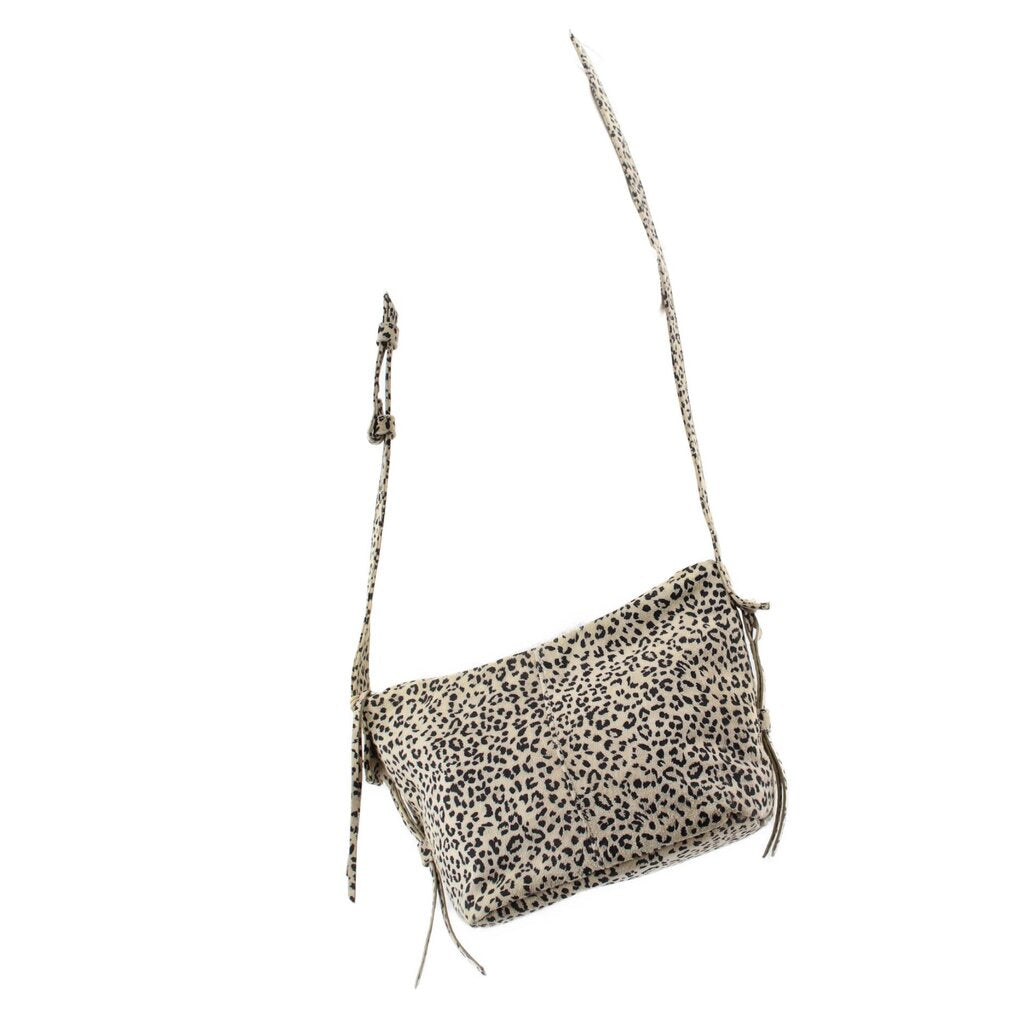 Leopard print mini crossbody bag with long strap and small zippered front pouch