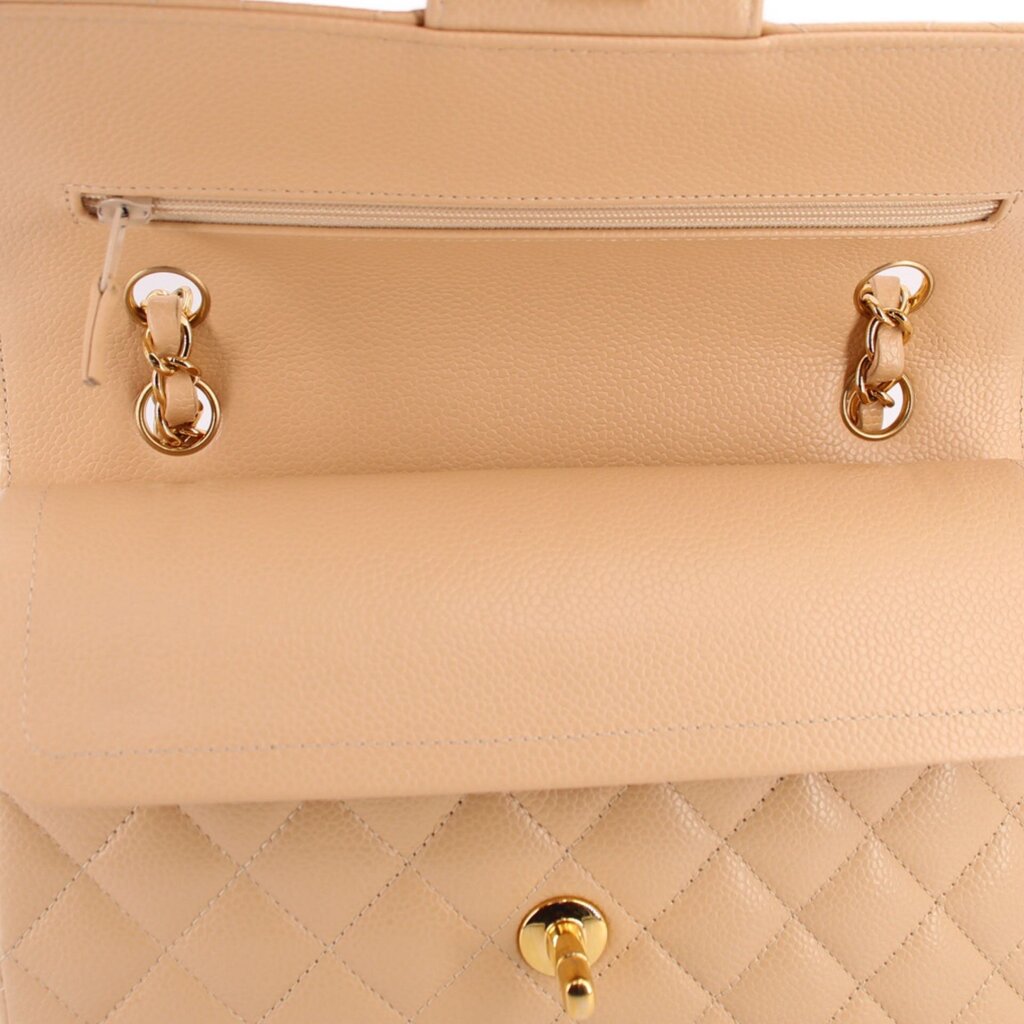 Open small double flap shoulder bag: top zip pocket and gold chain accents, tan