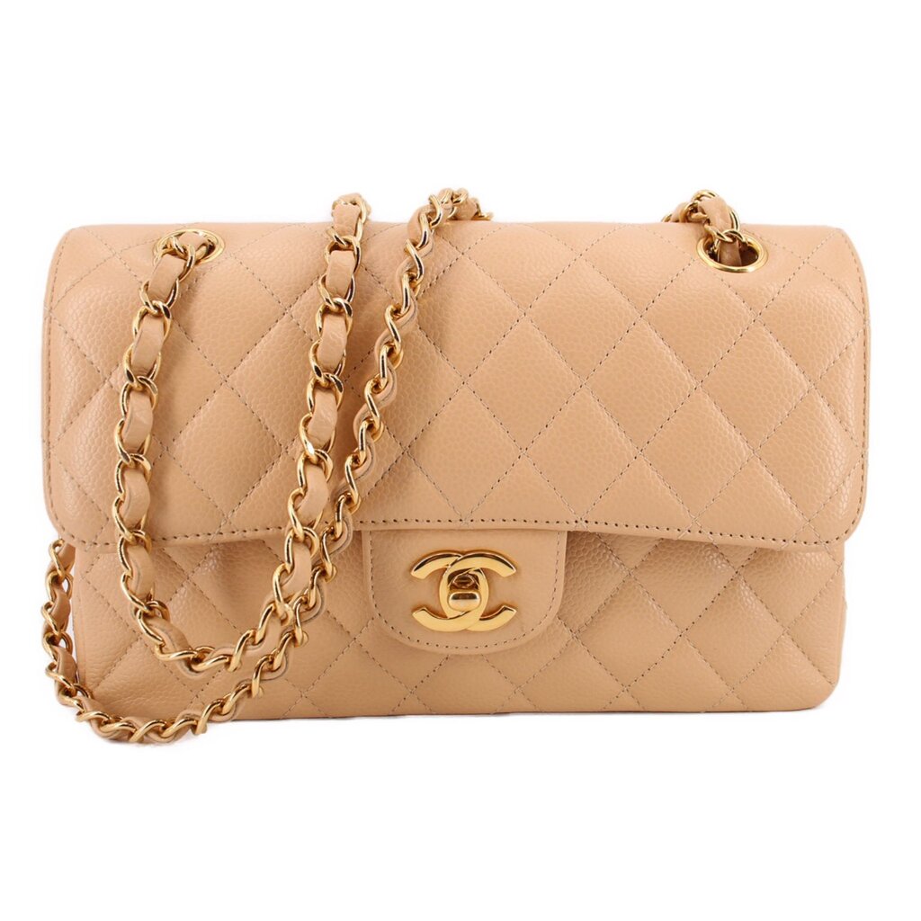 CHANEL Small Double Flap shoulder bag in tan, quilted leather with gold chain strap and logo clasp