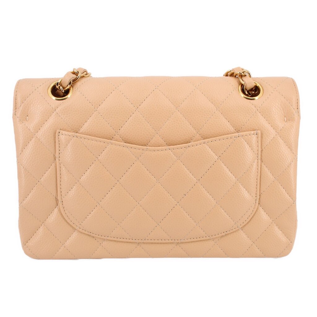 Tan quilted Small Double Flap shoulder bag back view with oval back pocket and gold chain rings