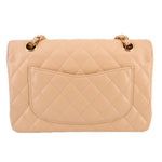 Tan quilted Small Double Flap shoulder bag back view with oval back pocket and gold chain rings