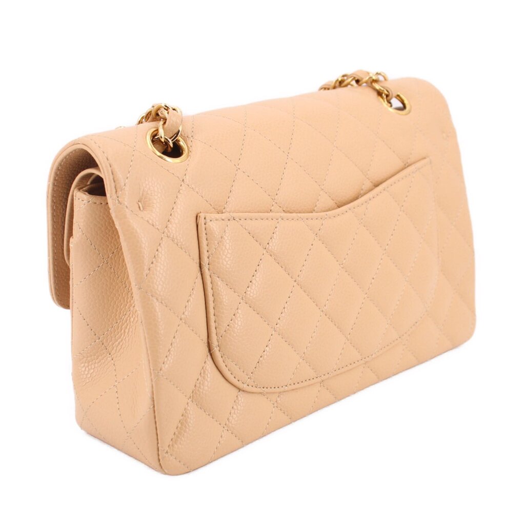 Tan Small Double Flap shoulder bag side angle, quilted leather and gold chain strap