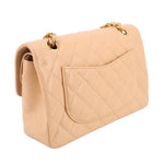 Tan Small Double Flap shoulder bag side angle, quilted leather and gold chain strap
