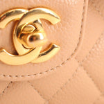Tan flap clasp hardware in gold tone on small double flap shoulder bag