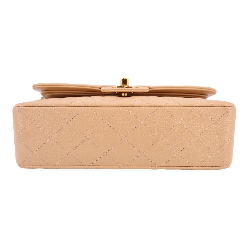 Tan Small Double Flap shoulder bag top view with gold turn-lock hardware