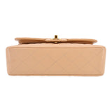 Tan Small Double Flap shoulder bag top view with gold turn-lock hardware