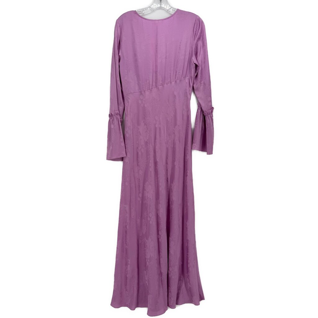 Purple long-sleeve midi dress with gathered waist and flared pleated hem