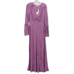Purple long-sleeve midi dress with ruffled neckline and pleated skirt