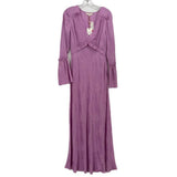 Purple long-sleeve midi dress with ruffled neckline and pleated skirt