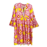 Girls ruffle dress, pink with elephant print, button front and tiered hem, long sleeves