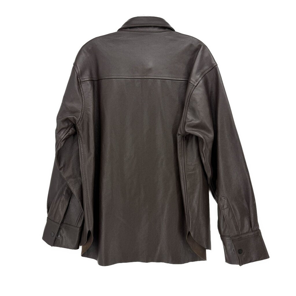 Dark leather jacket back view with yoke seam and long sleeves