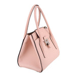 Pink pebbled leather tote bag with side pockets, structured handles, front clasp