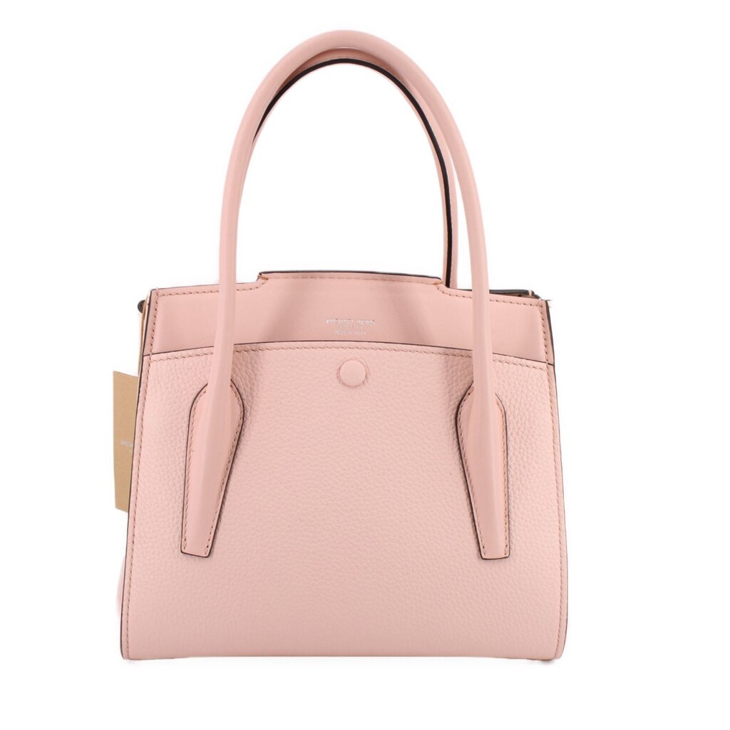 Pink pebbled leather handle bag with two top handles and center front flap