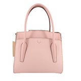 Pink pebbled leather handle bag with two top handles and center front flap