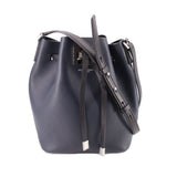 Navy bucket crossbody bag with top drawstring and adjustable shoulder strap