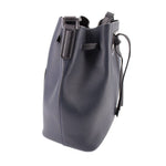 Navy bucket crossbody bag with side buckles and crossbody strap