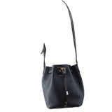 Navy leather bucket crossbody bag with front buckle accent and long adjustable strap