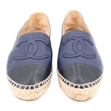 CHANEL blue espadrille flats with iconic CC cap-toe stitching and jute sole