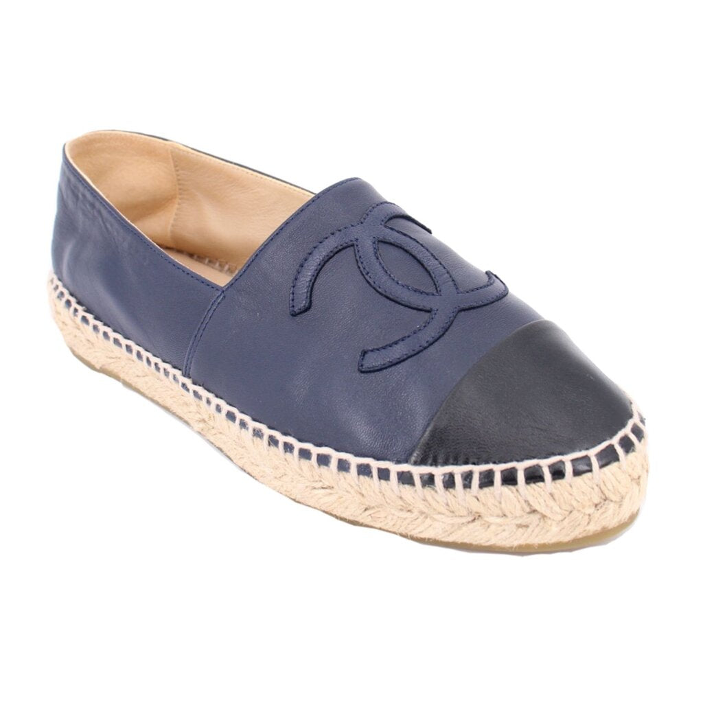 CHANEL blue cap-toe espadrille flat with black toe detail and jute rope sole