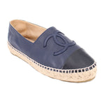 Blue cap-toe espadrille flats with jute rope midsole and logo embroidery detail