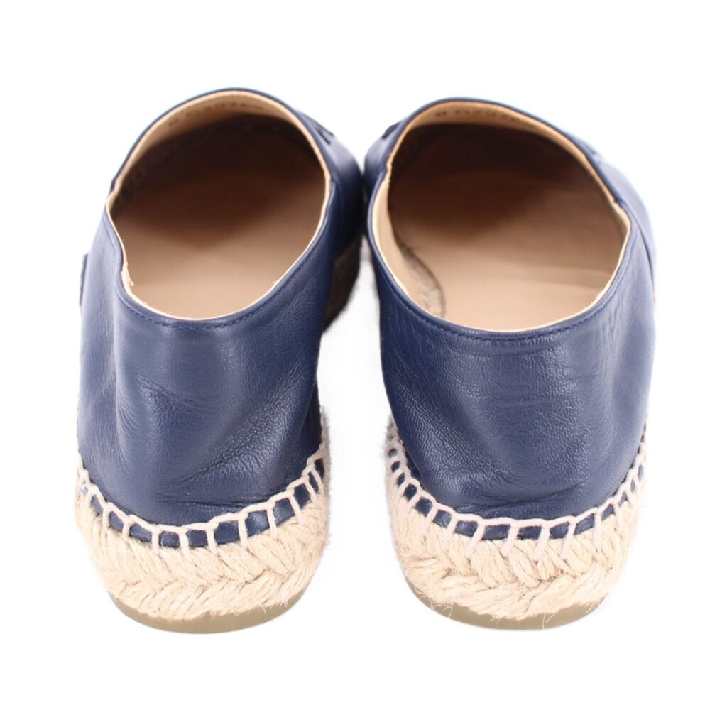 Blue espadrille flats back view with open heel and jute rope trim