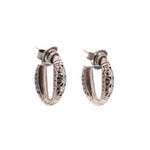 Sterling silver filigree hoop earrings with detailed side profile and clasp