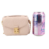 Cream micro crossbody bag side view with gold padlock-style closure