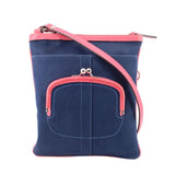 Blue crossbody with kisslock frame, pink leather strap and top carry handle