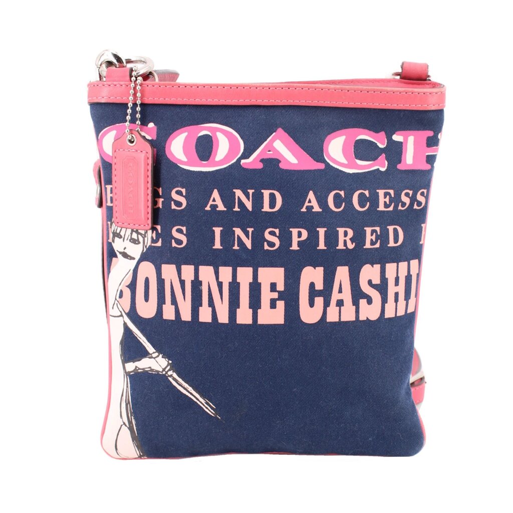 Bonnie Cashin kisslock crossbody, blue with pink trim and graphic print