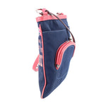 Blue crossbody bag with pink strap, kisslock opening and side pocket