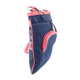 Blue crossbody bag with pink strap, kisslock opening and side pocket