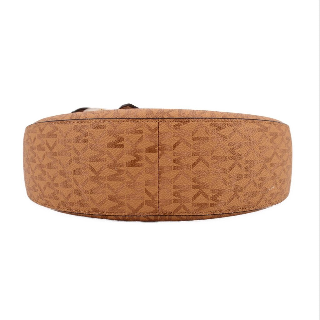 Tan logo fabric base view of small half-moon crossbody bag