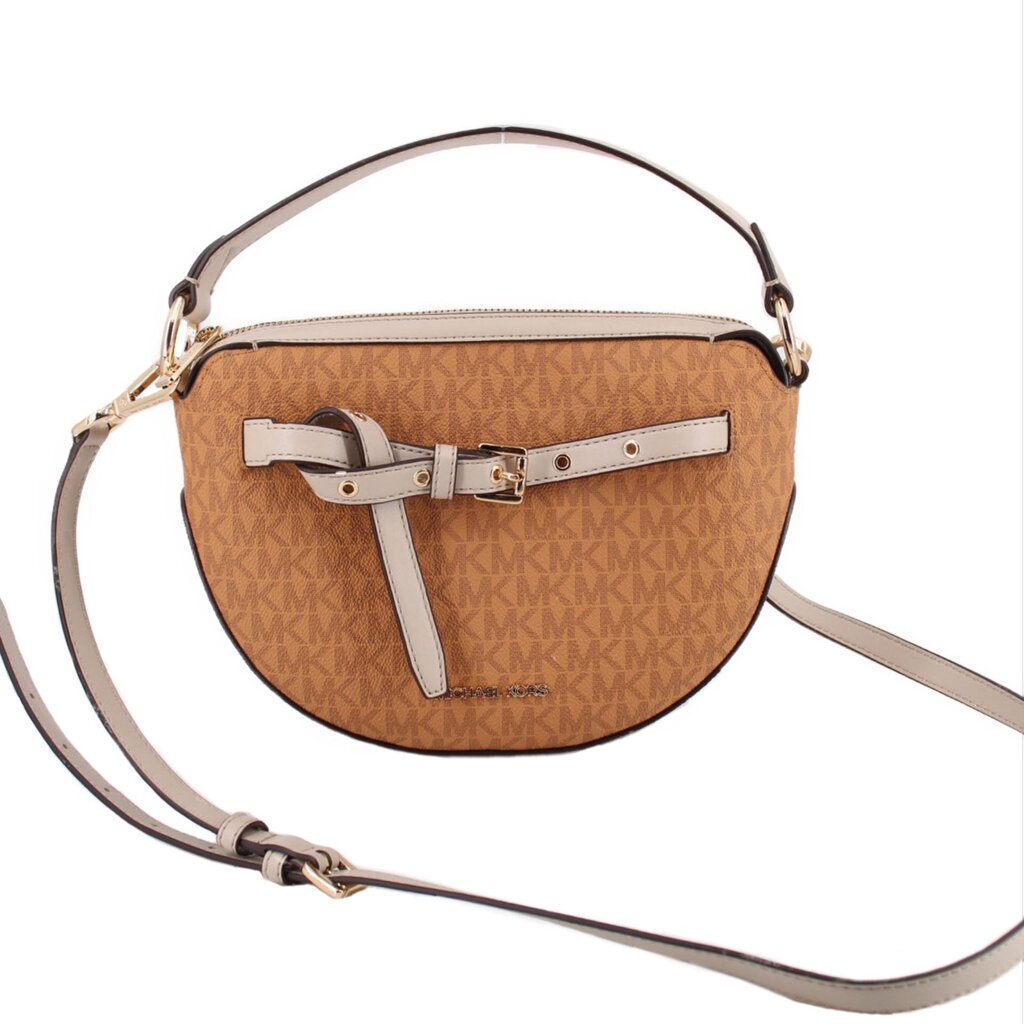 Tan logo saddle crossbody bag with top handle, gold hardware, adjustable strap