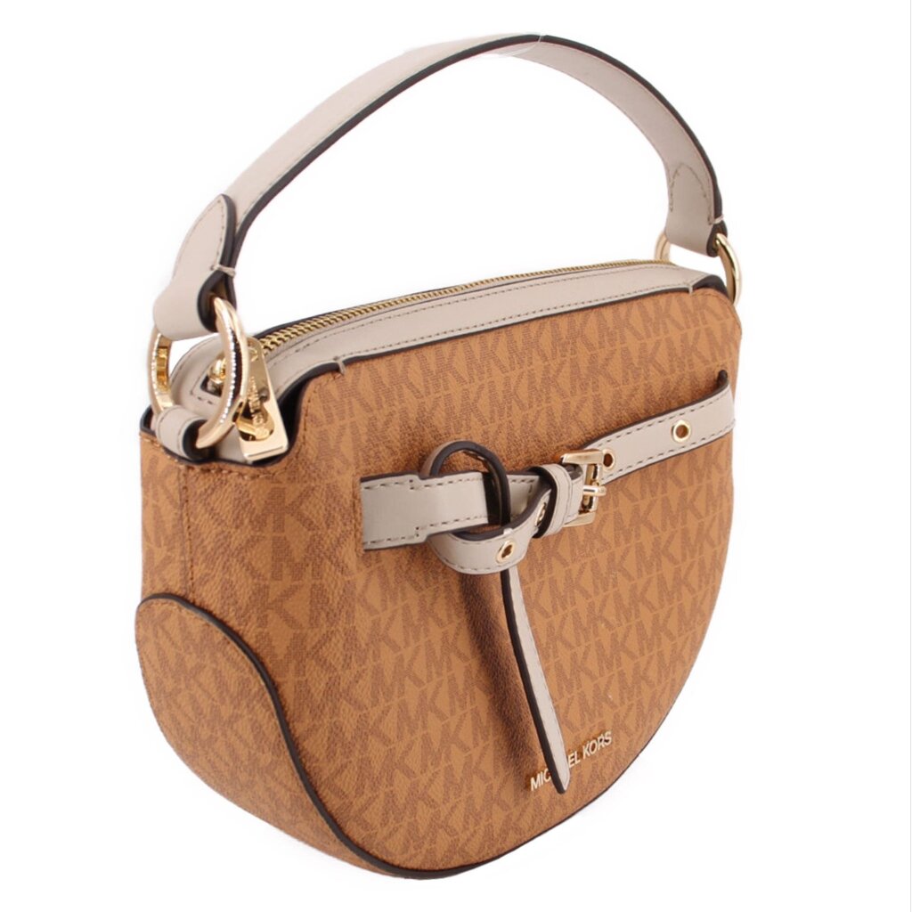 Tan MK logo crossbody bag, zip top, white belt strap detail, gold hardware