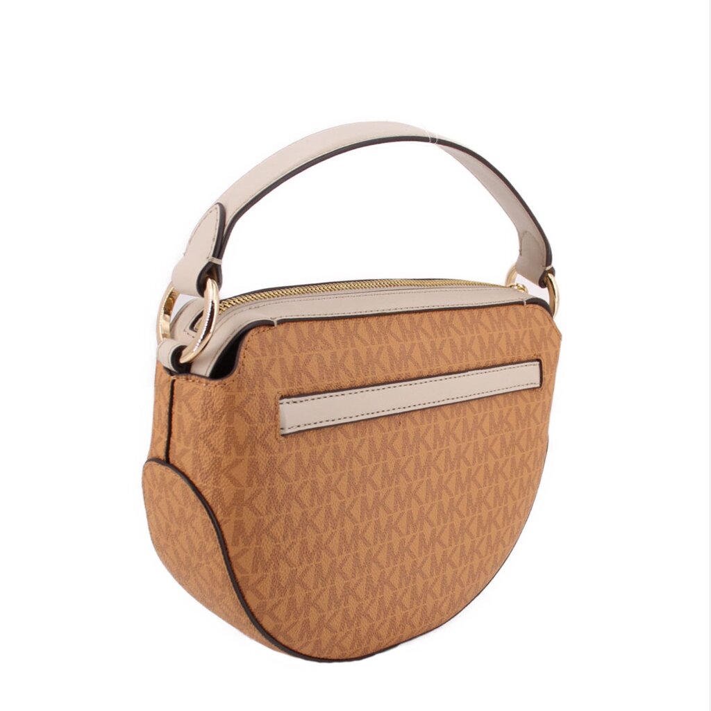 Tan saddle crossbody bag with gold zipper and front leather trim panel