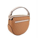 Tan saddle crossbody bag with gold zipper and front leather trim panel