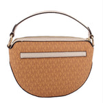 Tan half-moon crossbody bag with front zip pocket, leather trim, adjustable strap