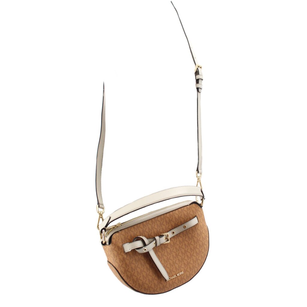 Tan small crossbody bag with long white strap and front buckle strap detail