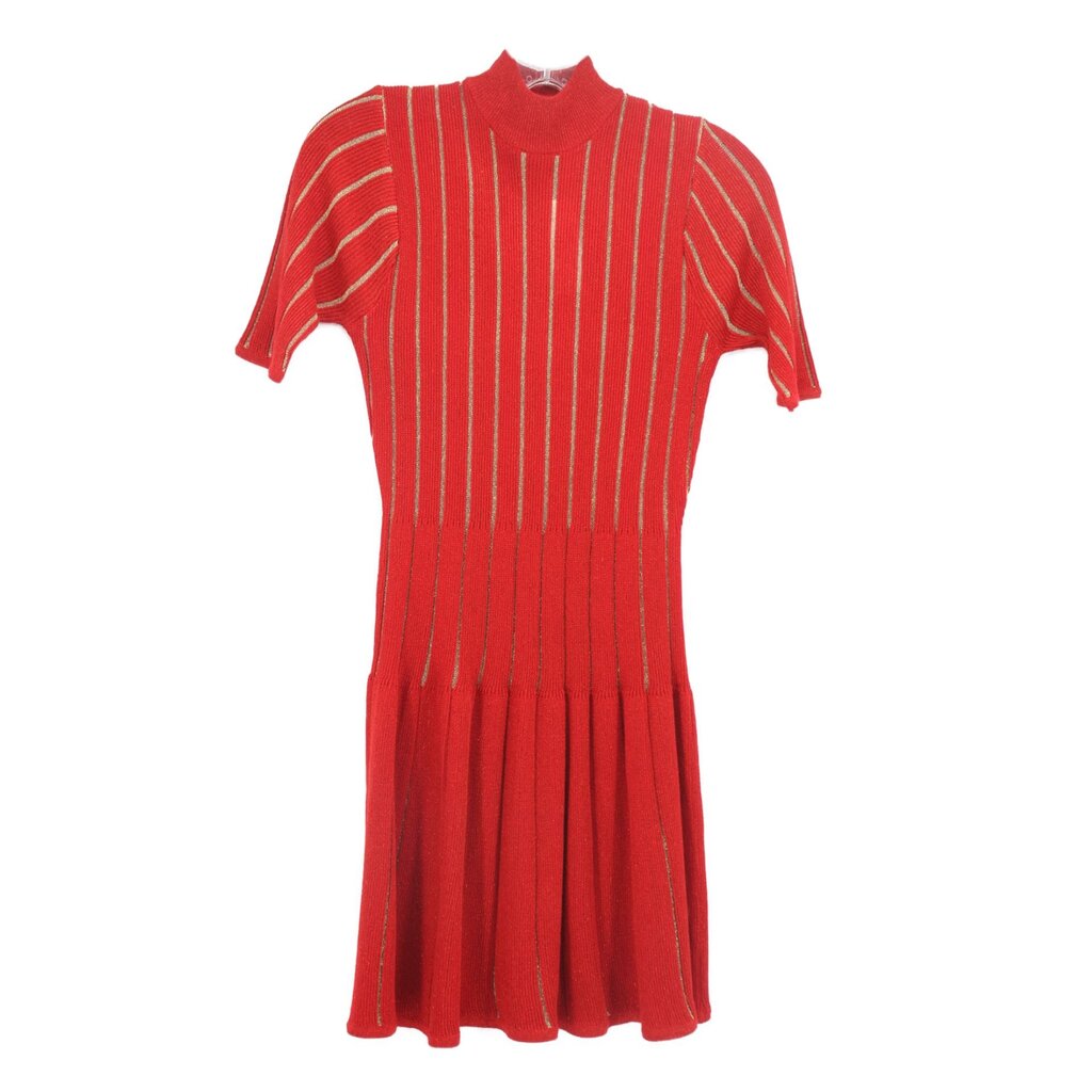 MISSONI metallic red knit dress, crew neck, short sleeves, pleated skirt