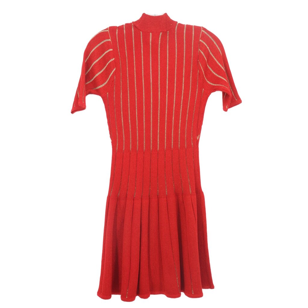 MISSONI metallic red knit dress back with vertical stripes, short sleeves, pleated skirt