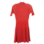MISSONI metallic red knit dress back with vertical stripes, short sleeves, pleated skirt