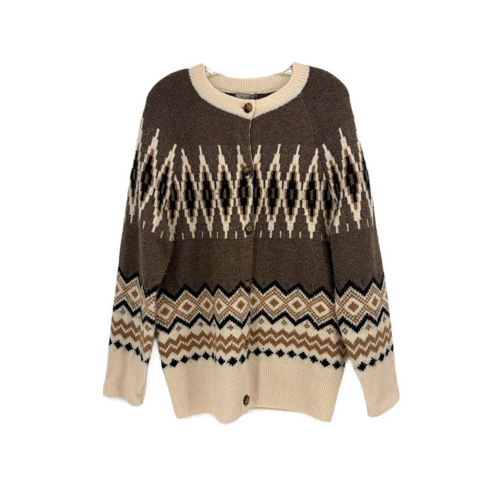 Brown crewneck button-front cardigan with fair isle zigzag knit pattern
